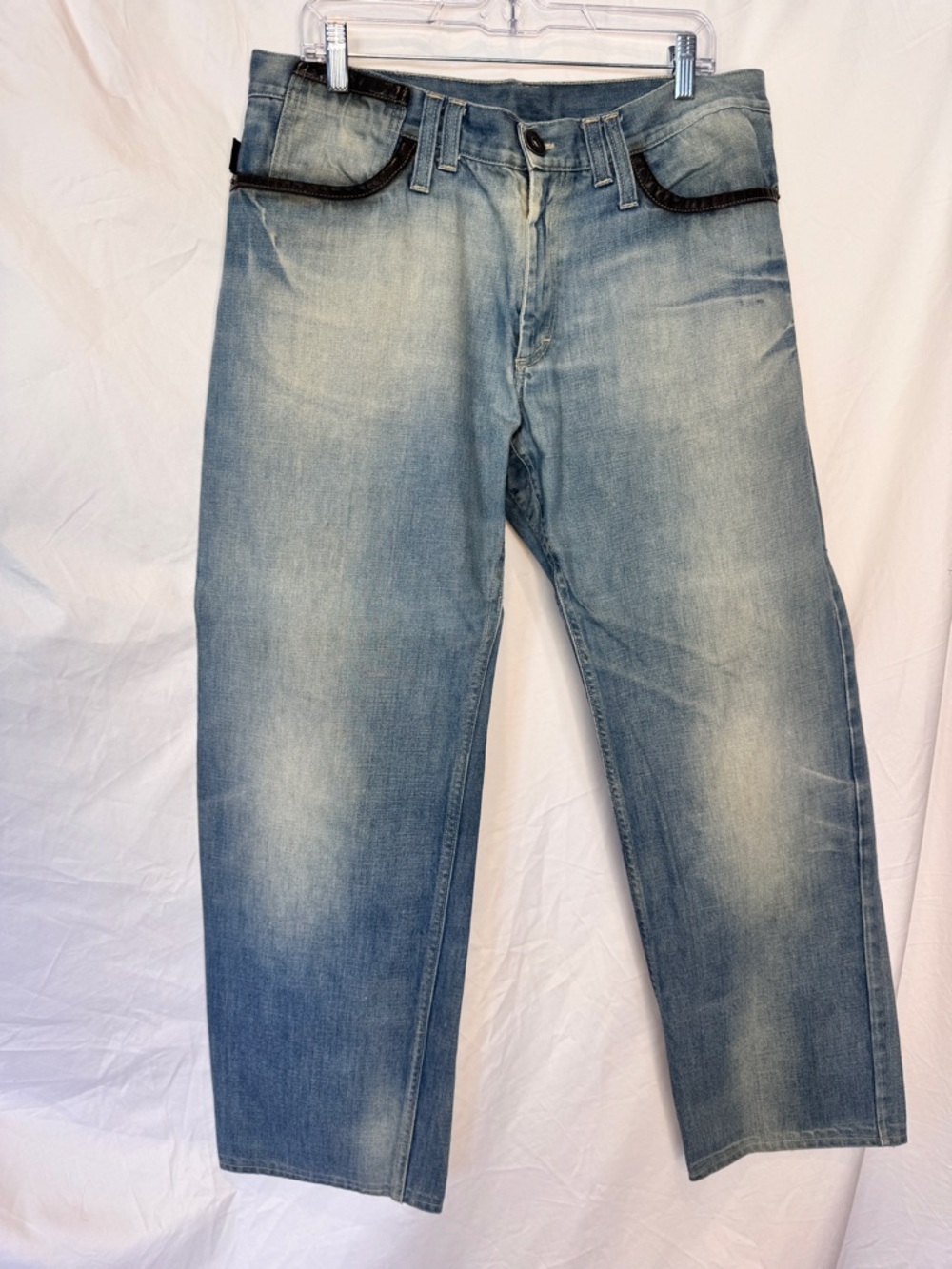 Gianfranco Ferre Men's Light Wash Blue Jeans with Logo & Black Leather Trim